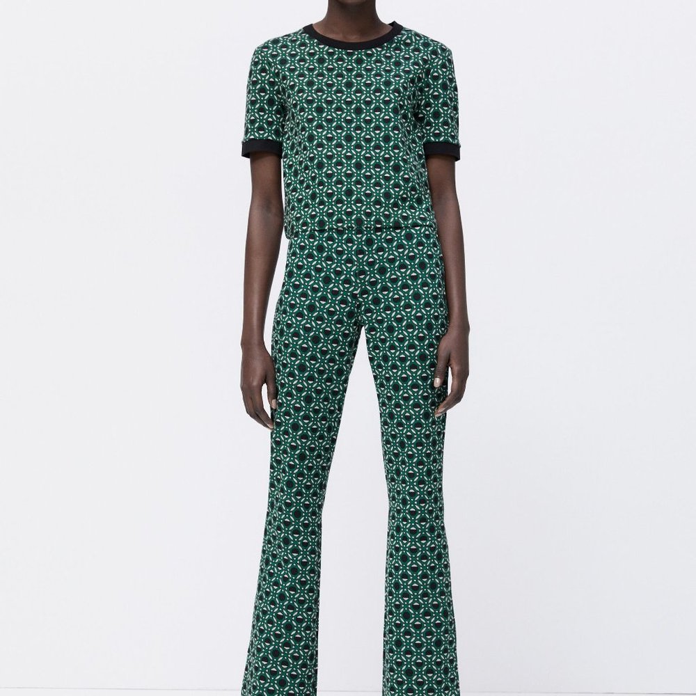 ZARA Knit Jacquard Green Set Crop Top Flare Pants CoOrd Set MEDIUM M